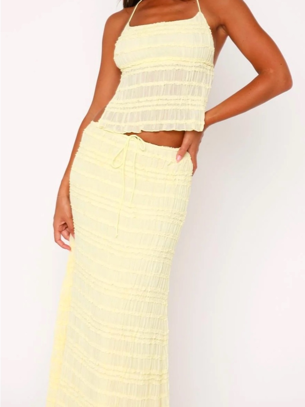 White Fox Boutique Pale Yellow Maxi Skirt with Smocked Waist
